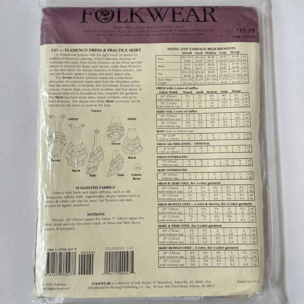 Folkwear 140 Vintage Flamenco Dress & Practice Skirt Un-Cut Pattern 2001 - Picture 2 of 3